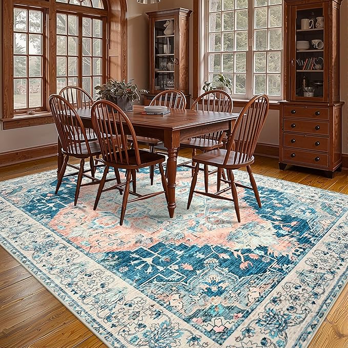 YJ.GWL Area Rugs for Living Room 8x10 Machine Washable Rugs, Non Slip Floral Vintage Rug Indoor Carpet, Stain Resistant Large Rug for Bedroom Dining Room, Dark Blue