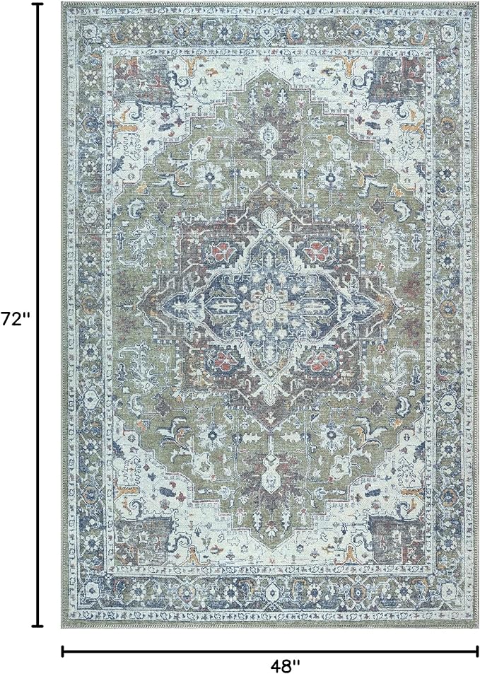 Bloom Rugs Washable Non-Slip 4' x 6' Rug - Green/Blue Traditional Medallion Area Rug for Living Room, Bedroom, Dining Room, and Kitchen - Exact Size: 4' x 6'