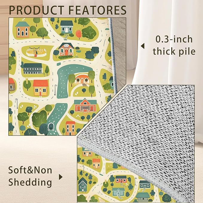 Cute Map Cars Washable 3x5 Area Rugs for Living Room, Thin Low Pile Contemporary Carpet, Non-Slip Base Lightweight Rug