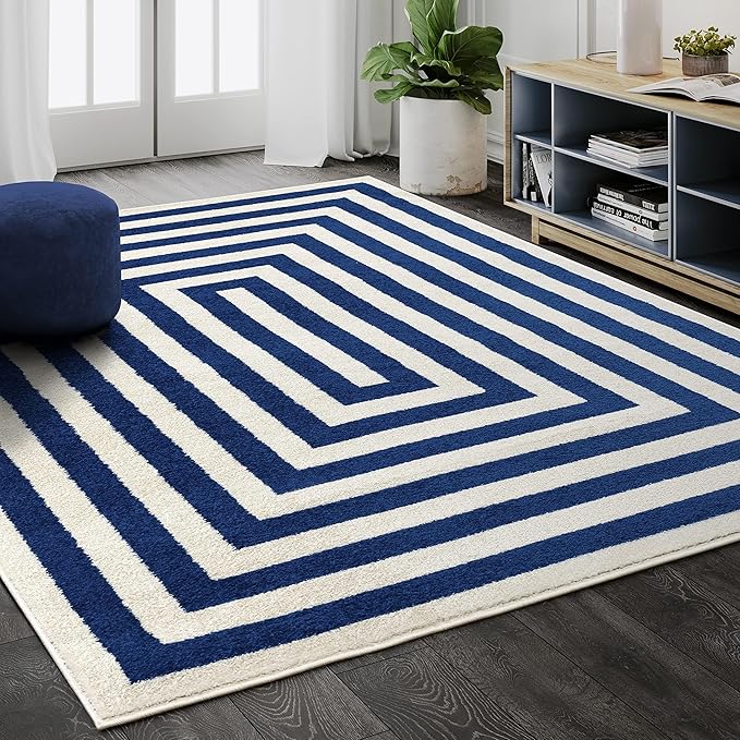 Abani Contemporary Blue & Ivory 5'3" x 7'6"(5'x8') Area Rug, Contrasting Geometric Modern Stripe Symmetrical Living Room Carpet Rugs