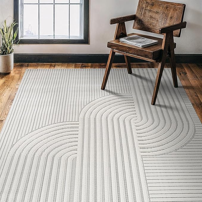 CAMILSON Modern Rug 5x7 Luxury Swirl Curved Micro Loop Area Rugs Soft High-Low Pile Stain Resistant Easy to Clean Non-Shedding Durable Living Room Office Indoor Carpet (White)