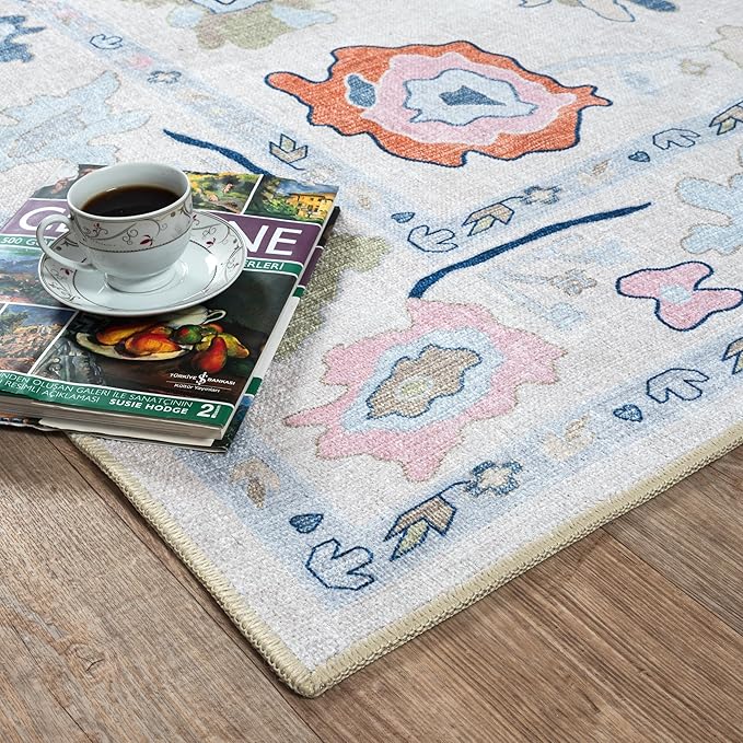 Fame Living Cream Oushak Rug, Modern, Vintage, Turkish, Eclectic, Floral, Pastel, Washable, Area Rugs for Living Room, Dining, Bedroom, Office, Entryway, Foyer, Playroom, Nursery, 5'x6'9"