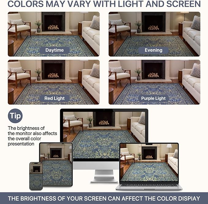 Bavni Floral Dark Blue Area Rugs 5x7, Vintage Boho Carpet Machine Washable, Non Slip Soft Low Pile Thin Rug for Bedroom, Living Room, Dining Room, Nursery