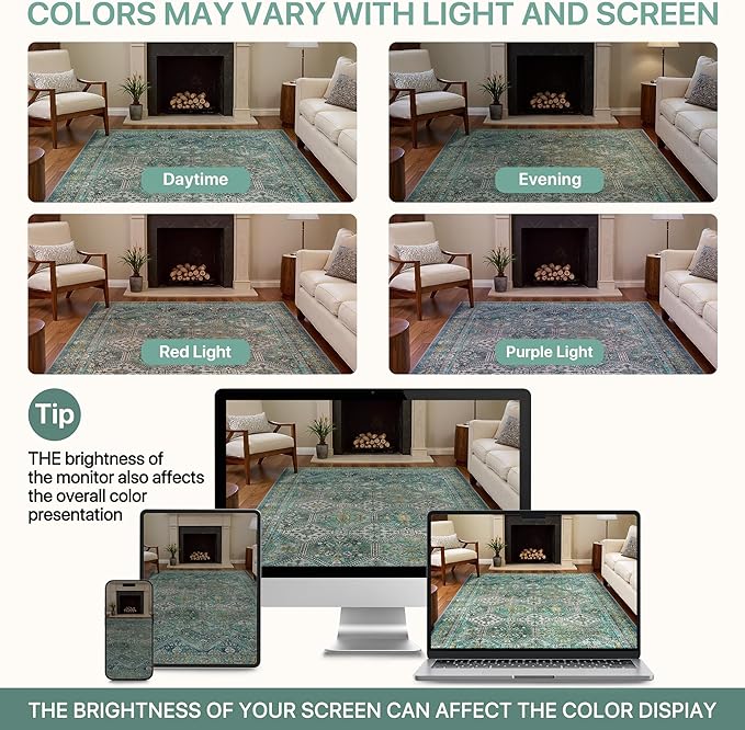 Bavni 3x5 Area Rugs for Living Room, Machine Washable Rug Non Slip, Vintage Chenille Distressed Print Carpet, Large Low Pile Ultra-Thin Lightweight Rugs for Bedroom, Dining Room, Home, Office, Cyan