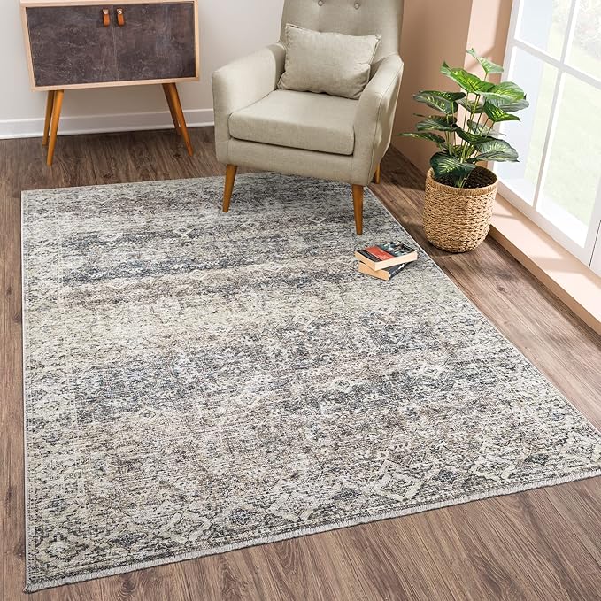 Bloom Rugs Caria Washable Non-Slip 9x12 Rug - Beige Brown/Teal Traditional Area Rug for Living Room, Bedroom, Dining Room, and Kitchen - Exact Size: 9' x 12'
