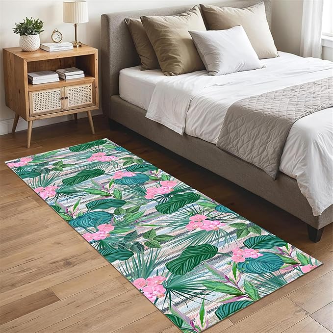 Tropical Runner Rug 4x10 ft - Floral & Leaf Print, Pink Flowers & Greenery - Non-Slip Easy Clean - Hallway, Living Room, Bedroom - Bohemian Watercolor Style