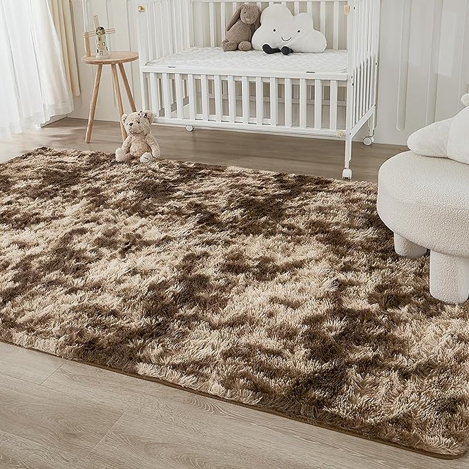 Andency Area Rugs 9x12 for Living Room Home Decor, Large Shaggy Bedroom Carpet, Non-Slip Big Shag Indoor Thick Soft Fluffy Furry Fur Area Rugs for Kids Dorm Nursery Aesthetic, Tie-Dyed Brown