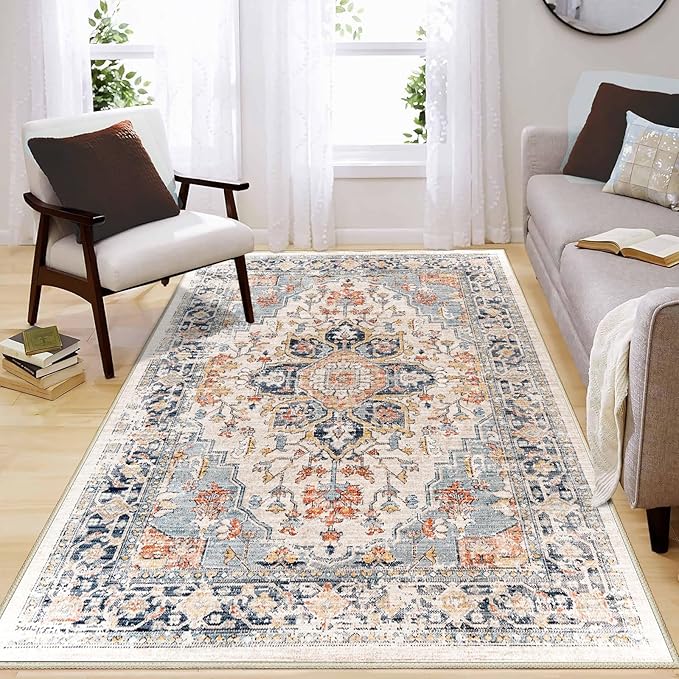 Enkor Area Soft Rugs 4x6 Washable Non Slip Boho Floor Rugs for Living Room Bedroom, Vintage Style Farmhouse Mat for Kitchen Entryway Orange & Black