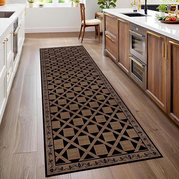 Minimalist Checkered Runner Rug, 3.3x7ft, Brown Checkerboard Floor Mat, Floral Print Hallway Kitchen Runners Rugs, Washable Breathable Reduce Noise Room Decor Carpet for Bedroom Foyer