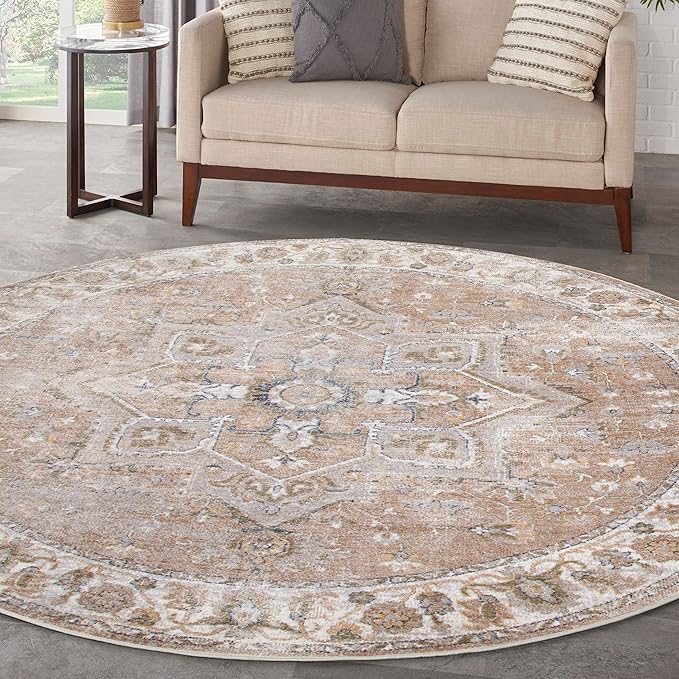 Nourison Home Astra Machine Washable Beige 7'10" x Round Area Rug - Easy Clean, Non Shedding, Bed Room, Living Room, Dining Room, Kitchen (8' x Round)