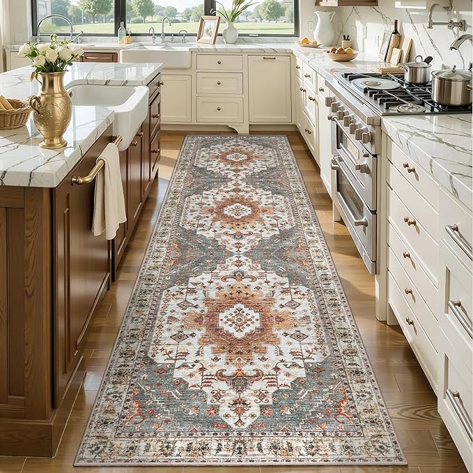 Tangsoo 3x8 Runner Rug for Hallway Long Washable Hallway Runner Rugs, Non Slip Vintage Soft Low Pile Rug Runner, Indoor 8ft Carpet Runners for Kitchen Bedroom Entryway Living Room Turmeric