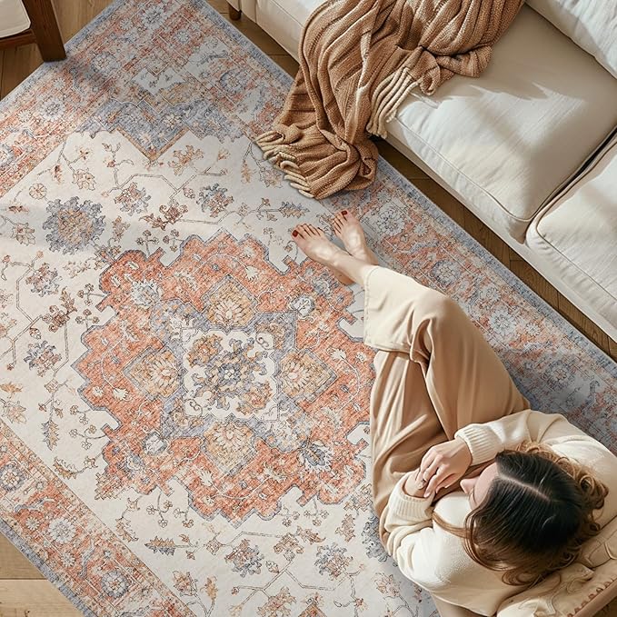 jinchan Area Rug 5x7 Vintage Washable Bedroom Rug Floral Medallion Lightweight Non Slip Thin Retro Classic Soft Boho Floor Cover Farmhouse Carpet for Living Room Dining Room Kitchen Brick Red