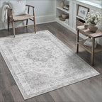 Gray Area Rug 3x4 Washable Vintage Carpet Entryway Office Soft Retro Kitchen Low Pile Thin Door Mat Non Slip Grey Oriental Medallion Throw Small Rug for Bathroom Bedroom Dining Living Room