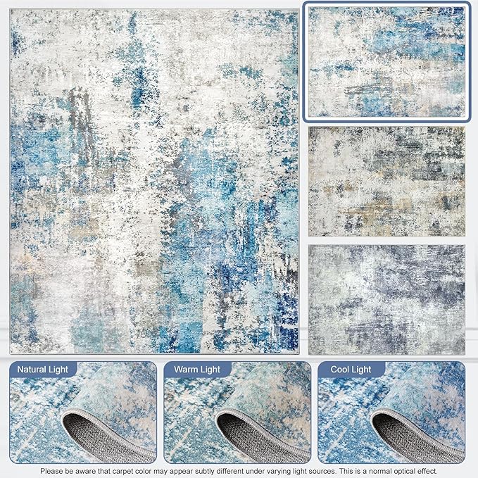 Area Rug for Living Room 10x14 - Extra Large Washable Neutral Modern Abstract Rugs, Soft Carpet with Non Slip Backing for Under Dining Room Table, Bedroom, Home, Office, Dorm - Blue Gray