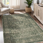 Vintage Washable Area Rug for Living Room,Low Pile 9x12 Non Slip Carpet Non-Shedding Area Rug Soft Indoor Stain Resistant Rug Floral Print Mat for Bedroom Dining Room Green