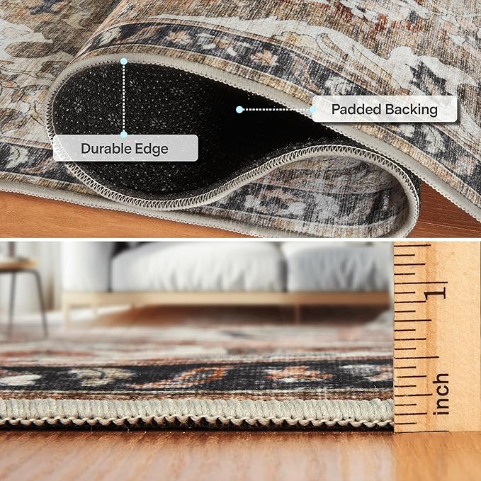 ReaLife Rugs Machine Washable Area Rug - Living Room Bedroom Bathroom Kitchen Entryway Office - Padded Low Pile Stain Resistant Premium - Boho Farmhouse Vintage - Joy - Brown Beige 4' x 6'