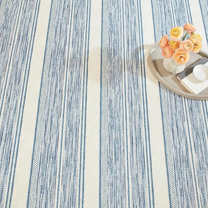 Dash & Albert Ellington Stripe Blue Machine Washable Rug, 5 X 8 Feet, Blue Stripe Pattern