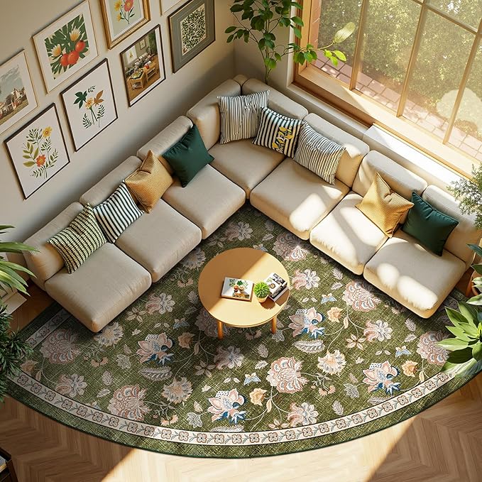 jinchan Elora Floral Corner Rug for Living Room Washable Bedroom Rug Vintage Romance Design Non Slip Quarter Circle Lightweight Low-Pile Throw Carpet for Reading Nook Playroom,7ft Radius, Green