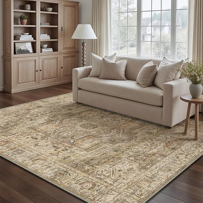 Brown Multi Area Rug 5x7 Vintage Washable Distressed Living Room Carpet Large Indoor Non Slip Traditional Medallion Retro Low Pile Accent Throw Rug Bedroom Kitchen Office Dining Room
