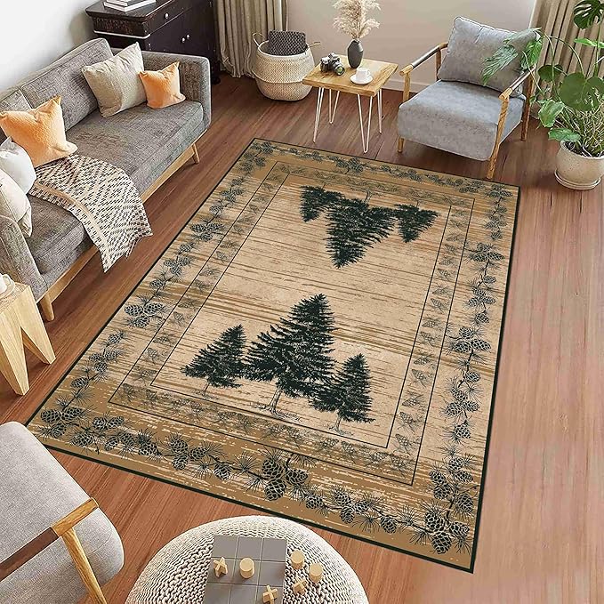 UNREASTO Country Cabin Area Rug 4x5ft Rustic Nature Forest Pine Cone Pine Tree Plant Vintage Home Decor Floor Rug Non-Slip Easy Clean Lodge Rug for Living Room Bedroom Entry Office Hardwood Floor