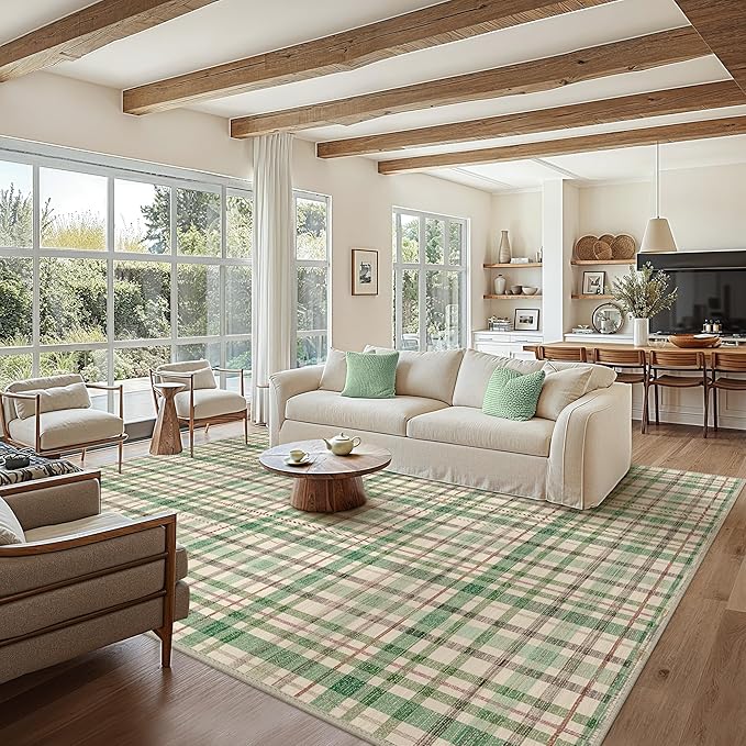 Bavni 3x5 Washable Rug Modern Plaid Area Rugs Non-Slip, Small Rugs for Hallway Throw Rugs Soft Low Pile Stain Resistant Bedroom, Living Room, Kitchen, Home Decor, Green Plaid