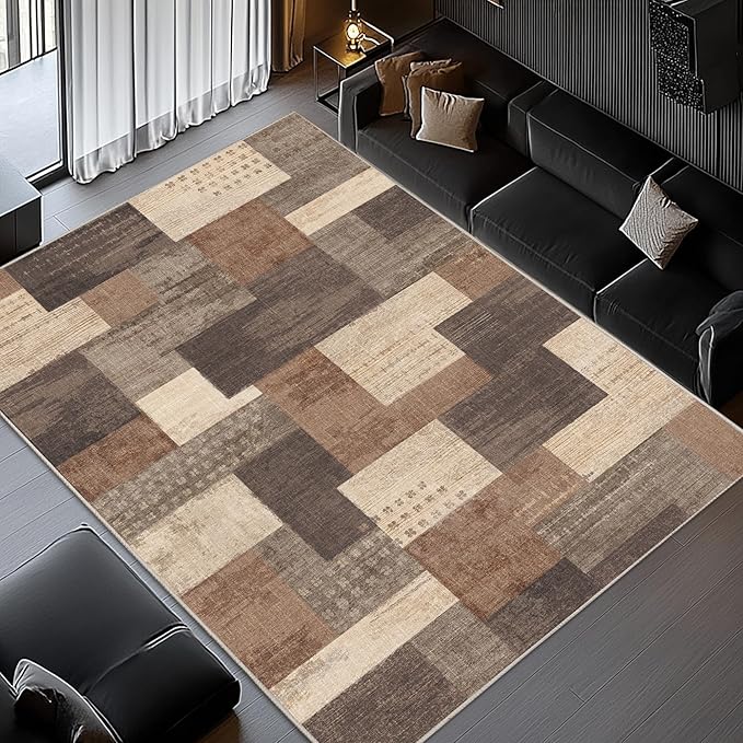 Modern Geometric Patchwork Indoor Area Rug for Living Room, Beige 6'x 9' Large Rug Rockwood Collection Hardwood Floors Decor for Bedroom, Beige Throw Carpet for Office Entryway Dining Room