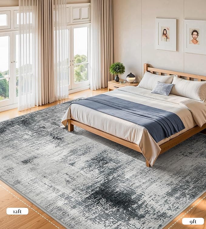 7x9 Washable Area Rugs - Modern Abstract Rugs for Living Room Non-Slip Low Pile Soft Machine Washable Carpet for Bedroom, Dining Room, Nursery, Home Office, Farmhouse (7'x9' Dark Grey)