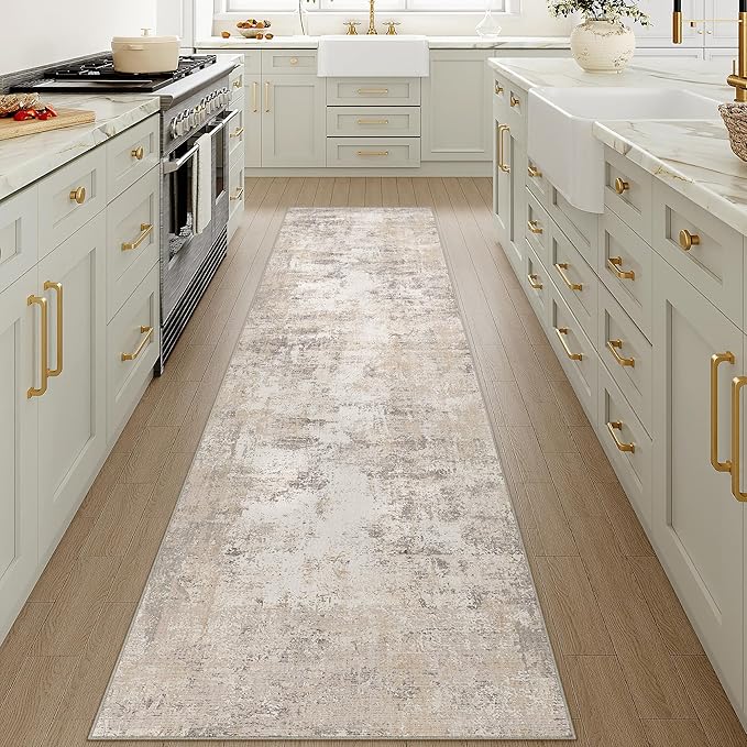 2x12 Washable Runner Rug Beige Grey Abstract Hallway Kitchen Throw Rug Neutral Modern Non Slip Soft Low Pile Carpet for Bathroom Laundry Bedroom Living Room