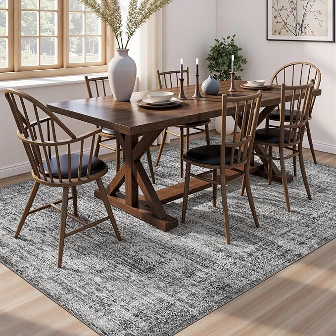 9x12 Area Rug Living Room Rugs - Washable Neutral Modern Abstract Soft Thin Rug Indoor Floor No Slip Rug Carpet for Bedroom Under Dining Table Home Office Decor - Dark Gray