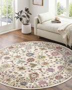 Washable Round Area Rug 6ft - Cream Colorful Traditional Floral Living Room Circle Rug Non-Slip Farmhouse Dining Room Carpet Soft Vintage Bohemian Round Rugs for Bedroom Office Nursery