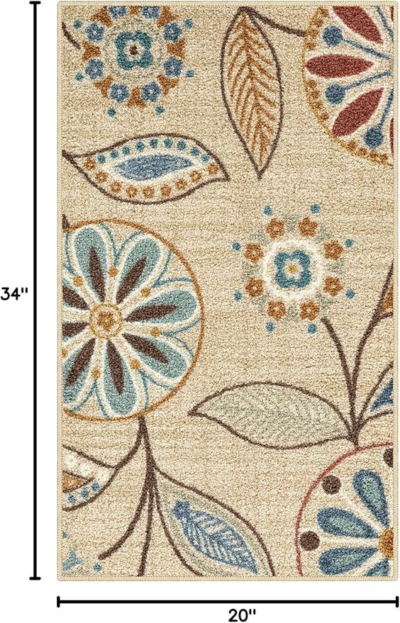 Maples Rugs Reggie Floral Kitchen Rug - Made in USA - Washable, Non Slip Indoor Carpet for Entryway, Foyer, Kitchen, and Bathroom, 1'8 x 2'10, Beige