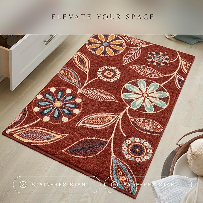 Maples Rugs Reggie Floral Kitchen Rug - Made in USA - Washable, Non Slip Indoor Carpet for Entryway, Foyer, Kitchen, and Bathroom, 2'6 x 3'10, Merlot