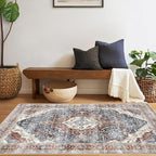 Deerly 3x5 Area Rug with Non-Slip Backing, Washable Rugs for Bedroom Living Room Kitchen, Distressed Carpet Printed Low-Pile Soft Dorm Rug Room Decor(Border Brown/Navy Blue)