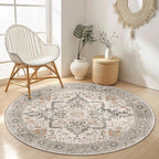 GENIMO 4FT Round Area Rugs for Living Room, Circle Rugs Machine Washable Low Pile, Chenille Non Slip Vintage Rug for Bedroom, Dining Room, Home Office, Light Taupe Brown