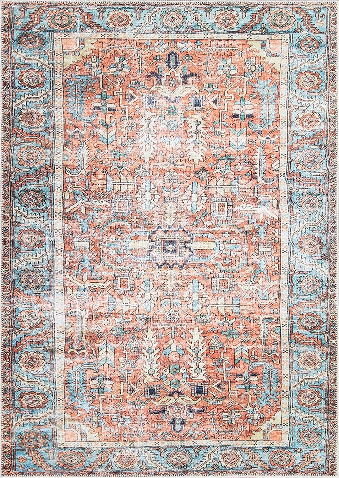 Bloom Rugs Washable Non-Slip 6' x 9' Rug - Orange/Blue Traditional Area Rug for Living Room, Bedroom, Dining Room, and Kitchen - Exact Size: 6' x 9'
