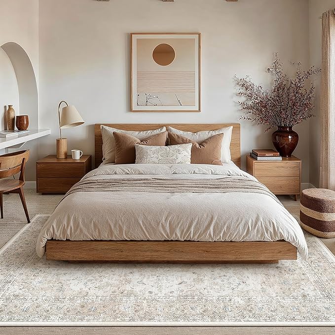 5x7 Washable Vintage Area Rug for Living Room Bedroom Beige Grey Soft Tranditional Non Slip Large Throw Rug Lightweight Floral Low Pile Distressed Carpet Laundry Dining Room Kitchen Office