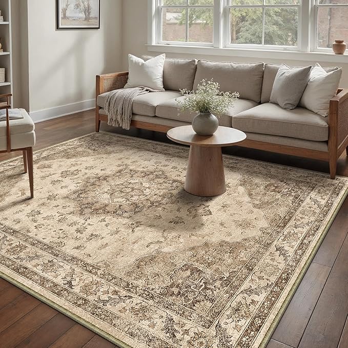 Brown Area Rug 5x7 Washable Vintage Carpet for Living Room Office Soft Retro Low Pile Thin Indoor Rug Non Slip Oriental Medallion Floor Cover for Bedroom Dining Room