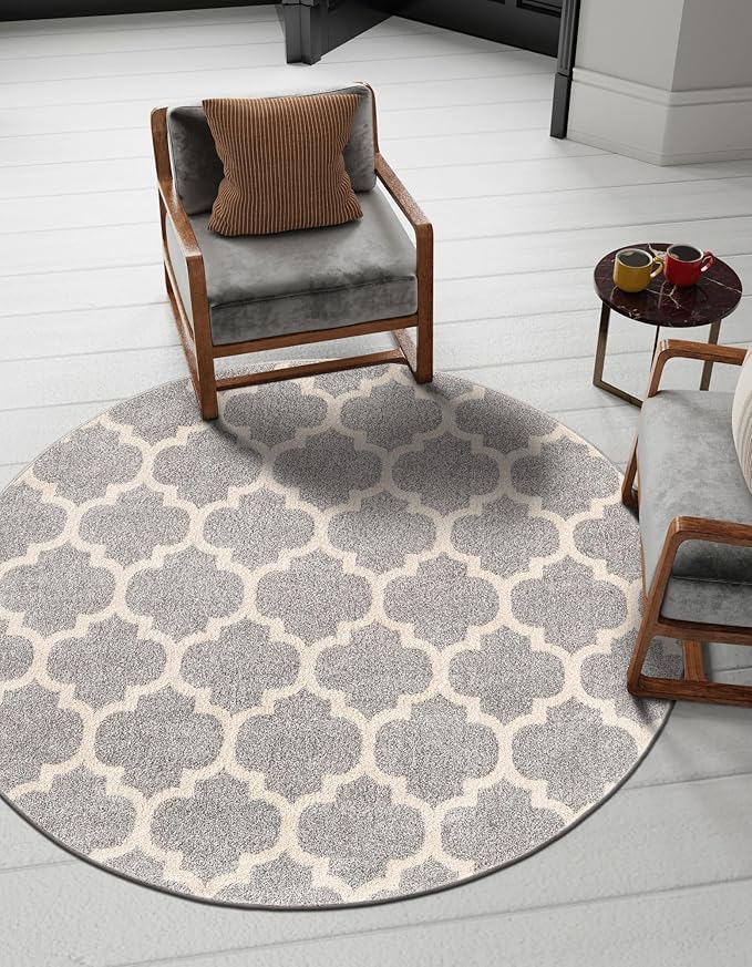 Rugs.com Lattice Collection Rug – 6 Ft Round Light Gray Medium-Pile Rug Perfect for Kitchens, Dining Rooms