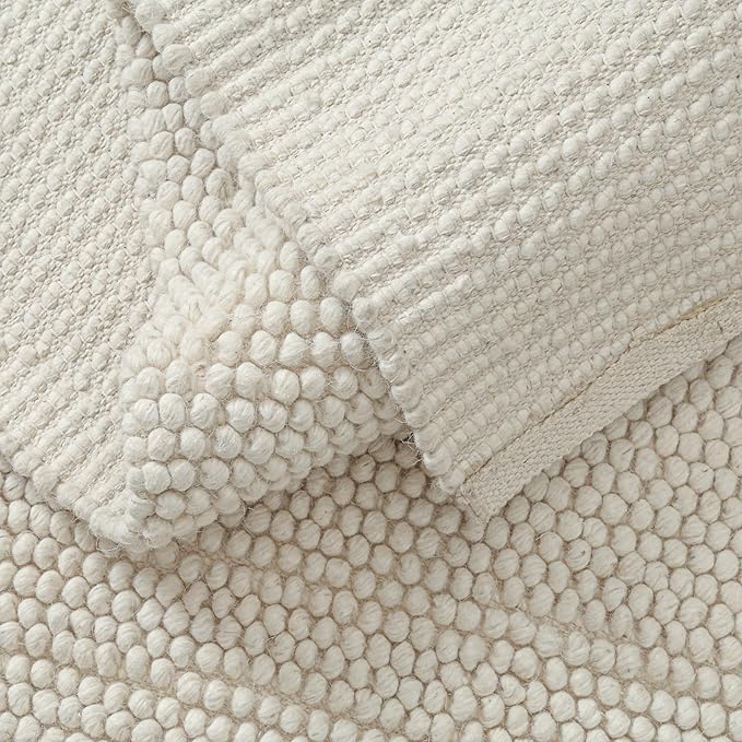 Handwoven Wool Cotton Blend Area Rug 8x10', Textured Popcorn Braided Ivory Rug, Soft Thick Farmhouse Contemporary Living Room Carpet, Neutral Modern Decorative Floor Rug