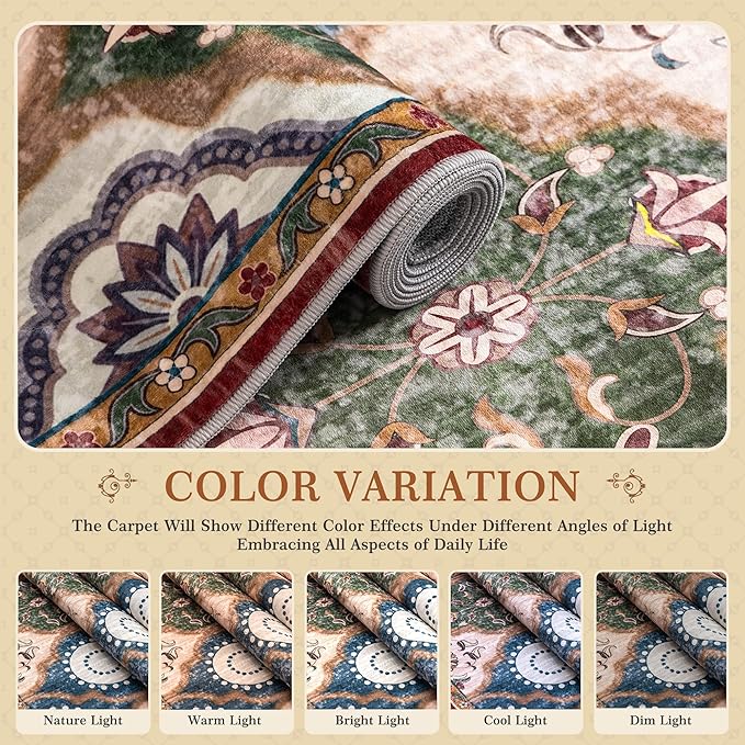 EnHomee Boho Chic 4x6 Washable Rug - Soft, Low Pile & Durable for High-Traffic Living Rooms & Bedrooms Stain Resistant, Non-Slip Easy Clean Carpet in Red&Green