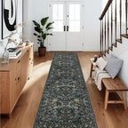 Washable Runner Rug 2x10: Vintage Boho Floral Carpet Runners for Hallway Entryway Non-Slip - Soft Botanical Low Pile Thin Mat for Kitchen Bathroom Bedroom Laundry Floor Decor - Dark Green