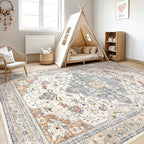 6x9 Area Rugs Living Room: Washable Boho Large Neutral Vintage Soft Rug Stain Resistant Distressed Farmhouse Non-Slip Indoor Floor Carpet for Bedroom Nursery Kids Office Dining Room- Beige Blue