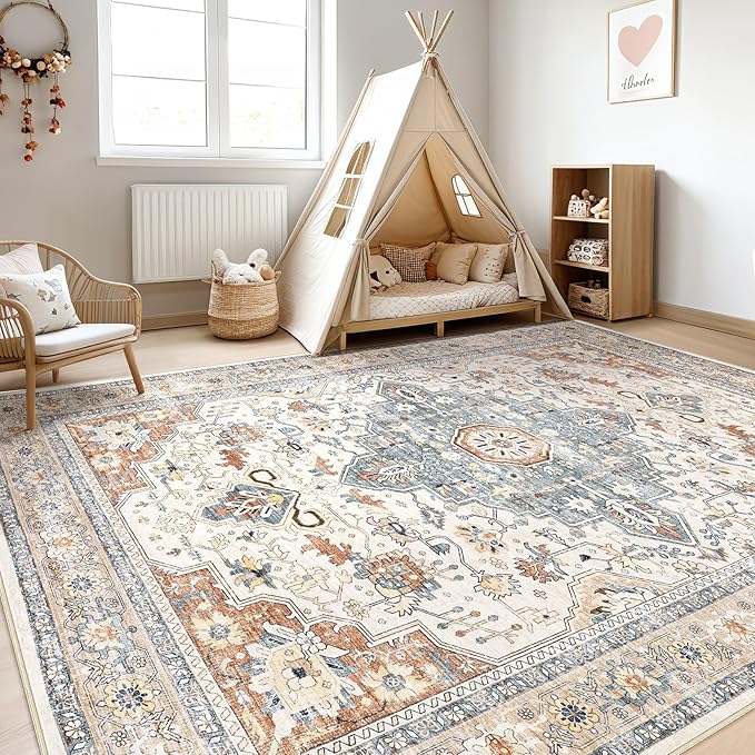 7x10 Area Rug Living Room: Washable Boho Large Neutral Vintage Soft Rug Stain Resistant Distressed Farmhouse Non-Slip Indoor Floor Carpet for Bedroom Nursery Kids Office Dining Room- Beige Blue