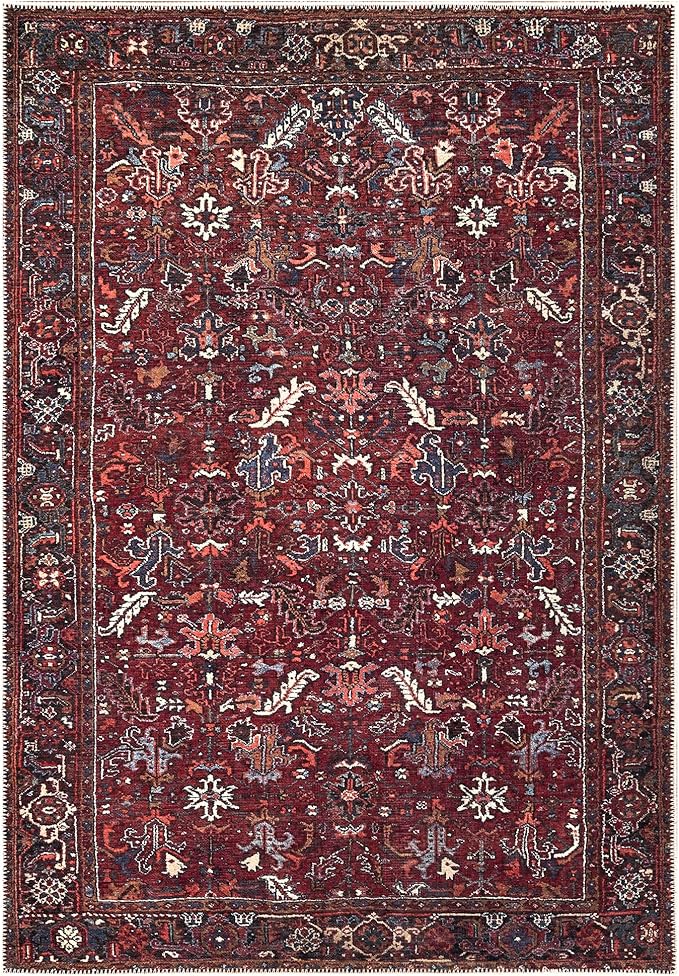 Bloom Rugs Washable Non-Slip 6' x 9' Rug - Burgundy Traditional Bordered Area Rug for Living Room, Bedroom, Dining Room, and Kitchen - Exact Size: 6' x 9'