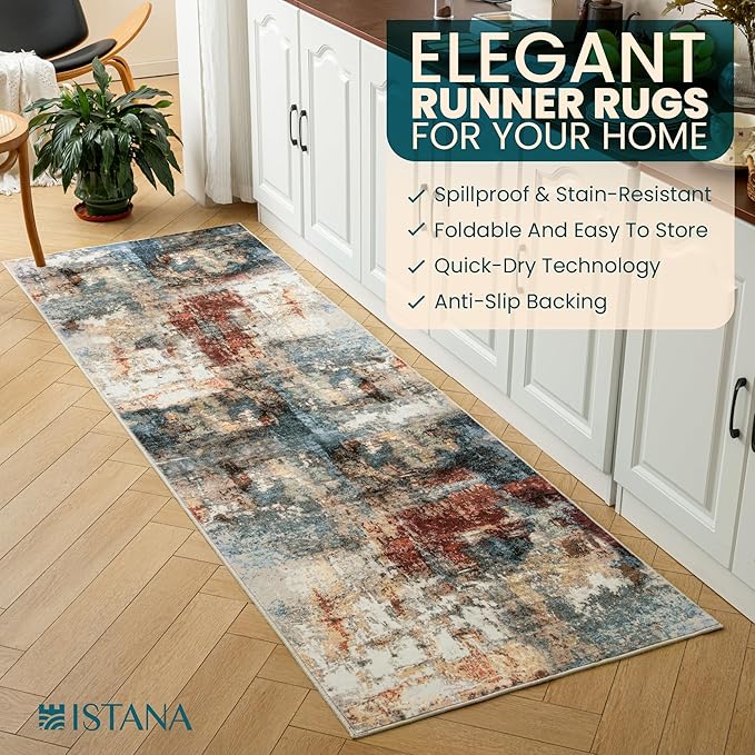 Istana Hallway Runner Rug 2.5x8 - Multi/Red Kitchen Rugs Non Slip Washable -Silk's Soft Touch Carpet Runner - Stylish Runner Rugs for Home