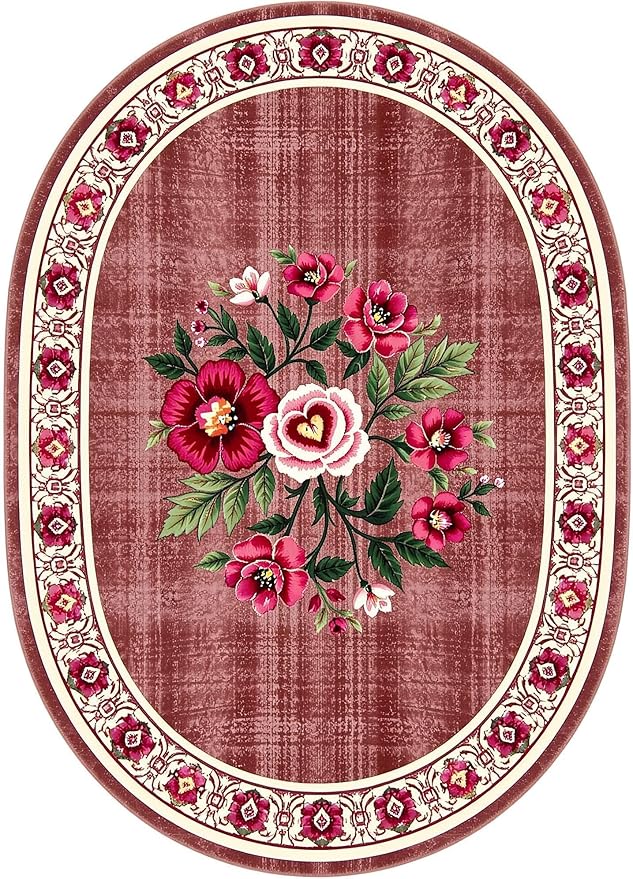 Retro Country Distressed Burgundy Green Florals Texture Bordered Rugs 6x9 for Living Room Bedroom Dining Room Soft Washable Non Skid Area Rug Guestroom Kitchen Doormats Rustic Indoor Oval Carpet