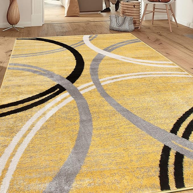 Rugshop Wavy Circles Design Area Rug, Carpet with Jute Backing for Living Room, Bedroom, or Dining Room, Yellow, 7'10" x 10'2"