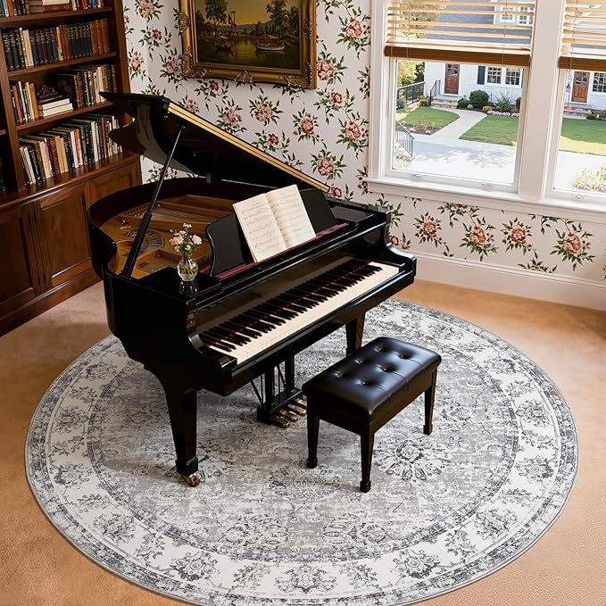 jinchan Fiora Round Rug 8ft Area Rug - Grey Vintage Floor Mat Indoor Ultra-Thin Soft Floral Print - Washable Circle 8' Retro Accent for Farmhouse Non Slip Dining Room Living Room Bedroom Office