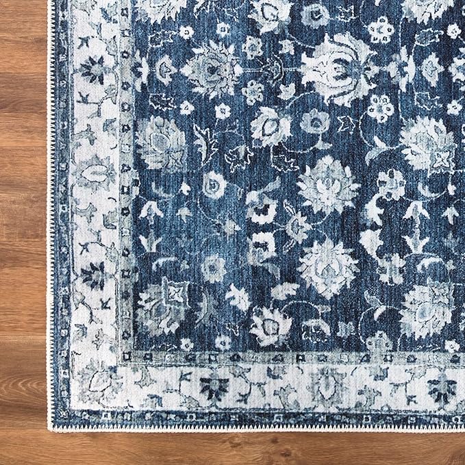 Bloom Rugs Washable Non-Slip 6' x 9' Rug - Dark Blue Traditional Bordered Area Rug for Living Room, Bedroom, Dining Room, and Kitchen - Exact Size: 6' x 9'