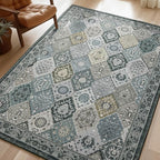 Phantoscope Washable Area Rug 9'x12' Non-Slip, Vintage Boho Rugs for Living Room, Bedroom, Dining Room, Distressed Moroccan Mosaic Diamond Pattern, Low-Pile Foldable Floor Carpet, Grey Charcoal
